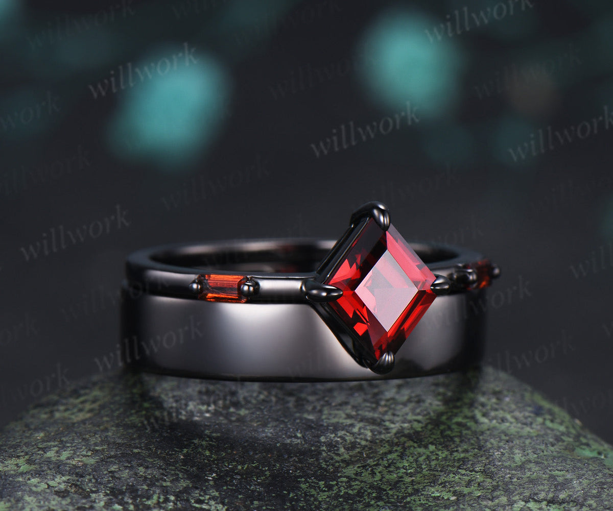Kite Cut Garnet Couple Ring Set Rhombic Red Garnet Three Stone Engagement Ring & Black Mens Band Unique Matching Wedding Rings