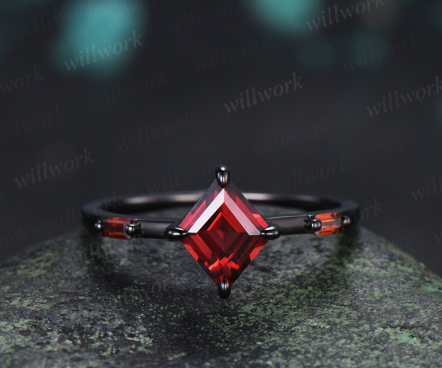 Kite Cut Garnet Couple Ring Set Rhombic Red Garnet Three Stone Engagement Ring & Black Mens Band Unique Matching Wedding Rings