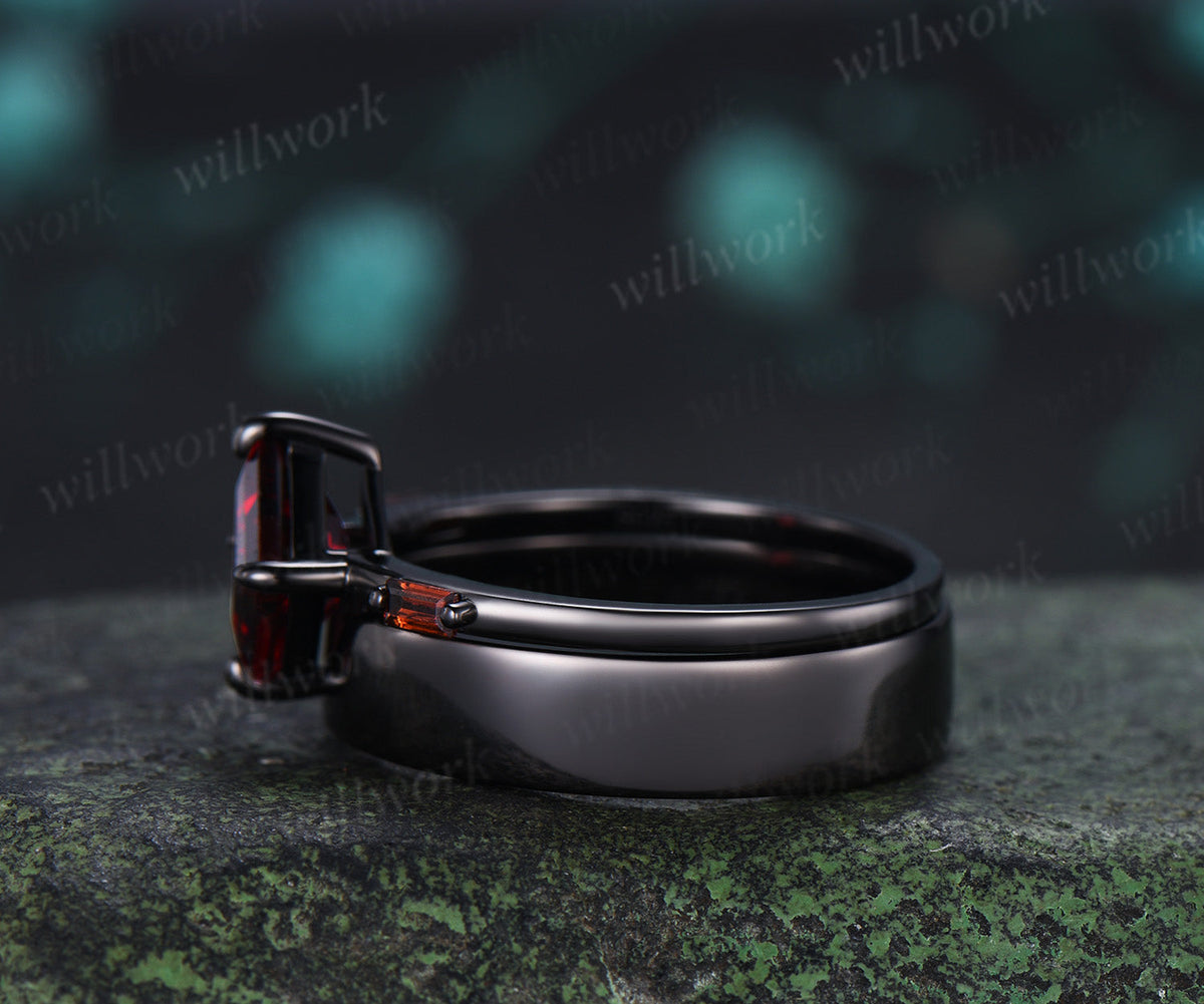 Kite Cut Garnet Couple Ring Set Rhombic Red Garnet Three Stone Engagement Ring & Black Mens Band Unique Matching Wedding Rings