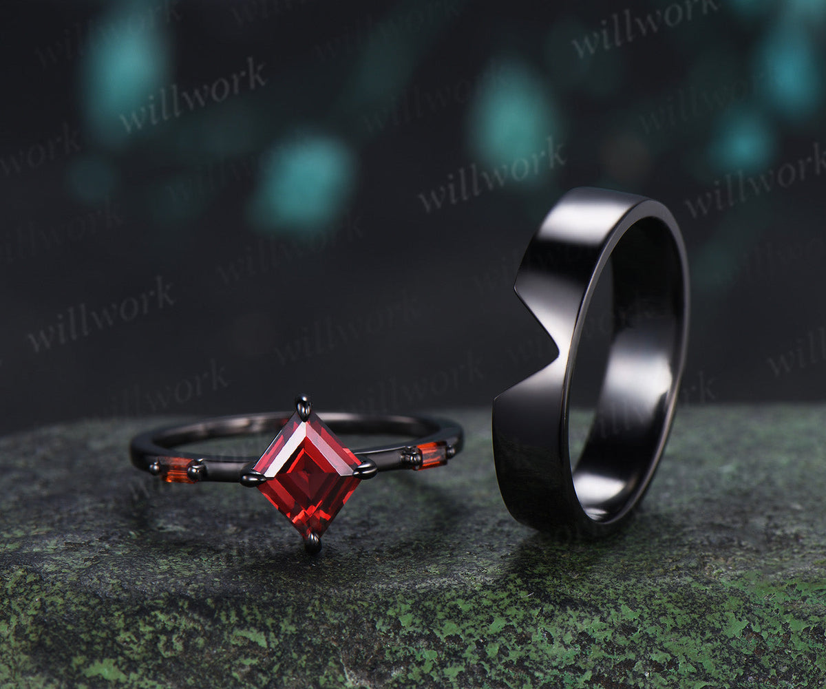 Kite Cut Garnet Couple Ring Set Rhombic Red Garnet Three Stone Engagement Ring & Black Mens Band Unique Matching Wedding Rings