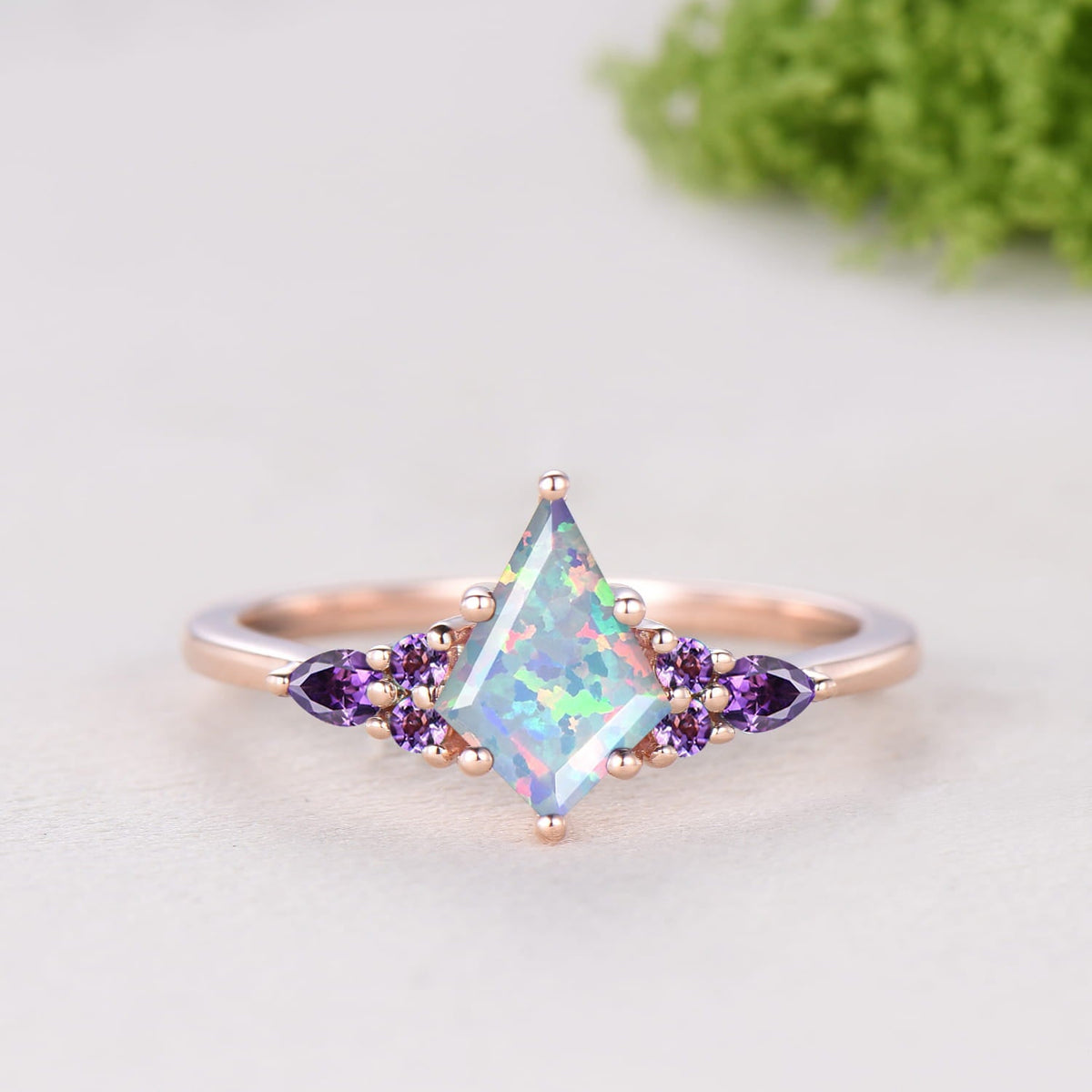 Kite Cut White Opal 7 Stone Engagement Ring Amethyst Rose Gold Bridal Set