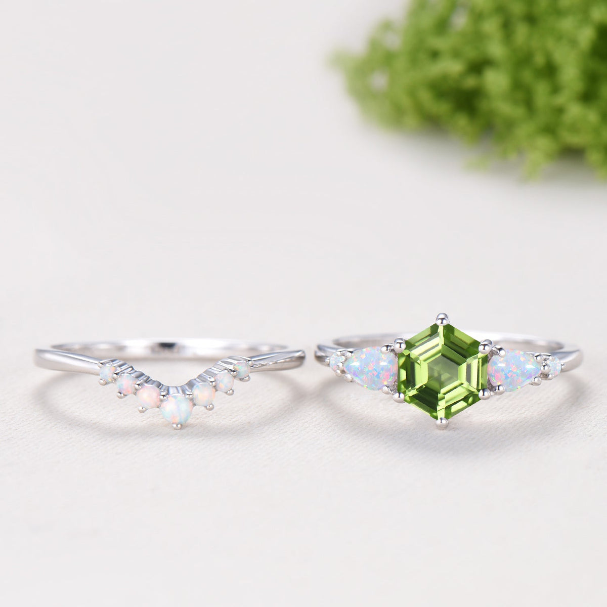 Vintage Hexagon Cut Natural Peridot Engagement Ring Set, August Birthstone Promise Ring, Fire Opal Stacking Band, Unique Wedding Bridal Set