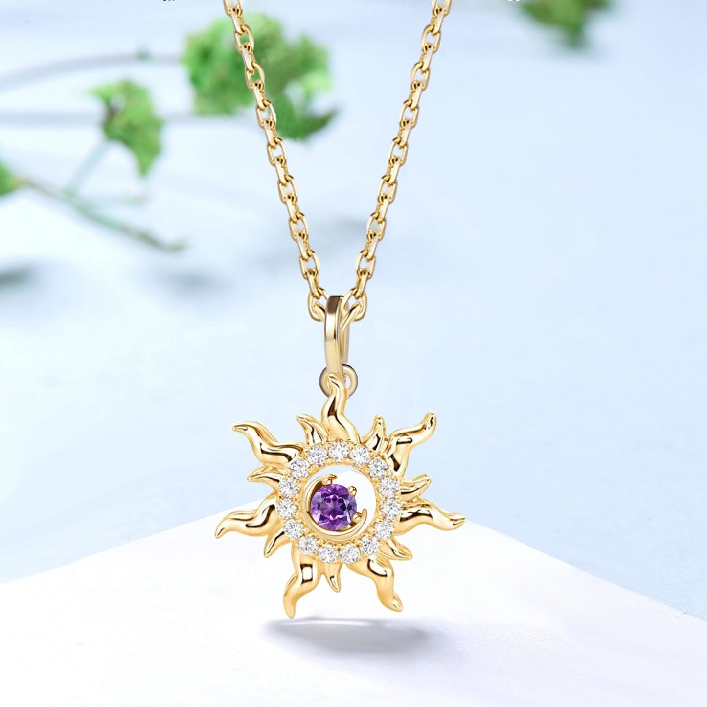 Unique Sunflower Natural Amethyst Pendant Necklace 18k Solid Gold Floral February Birthstone Moon Neckalce Nature Inspired Wreath Pendant
