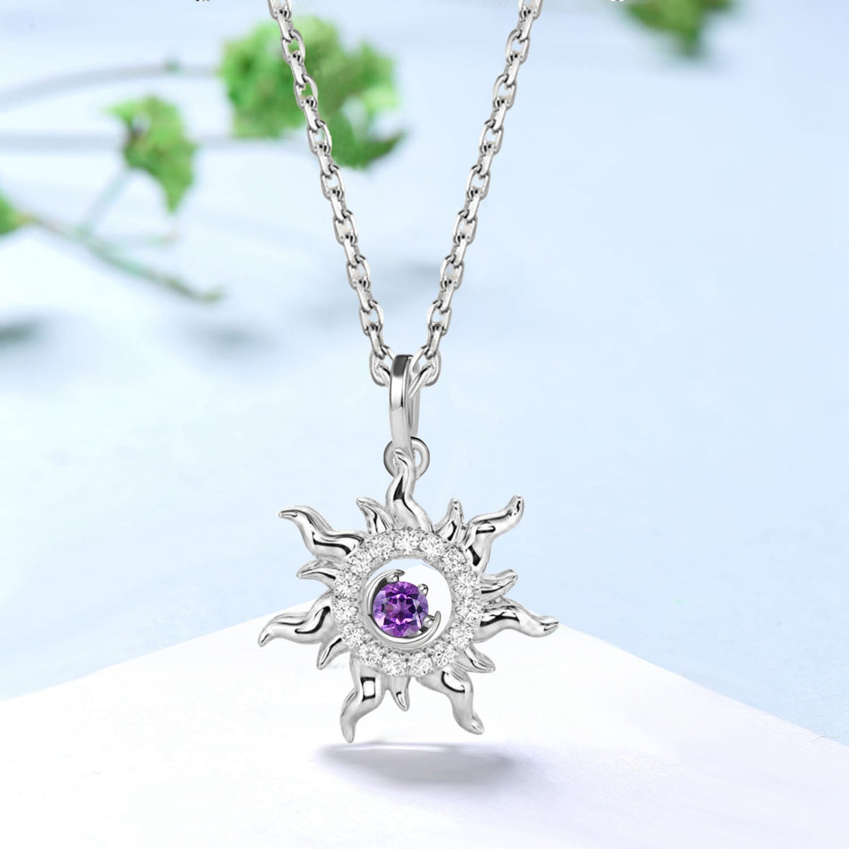 Unique Sunflower Natural Amethyst Pendant Necklace 18k Solid Gold Floral February Birthstone Moon Neckalce Nature Inspired Wreath Pendant