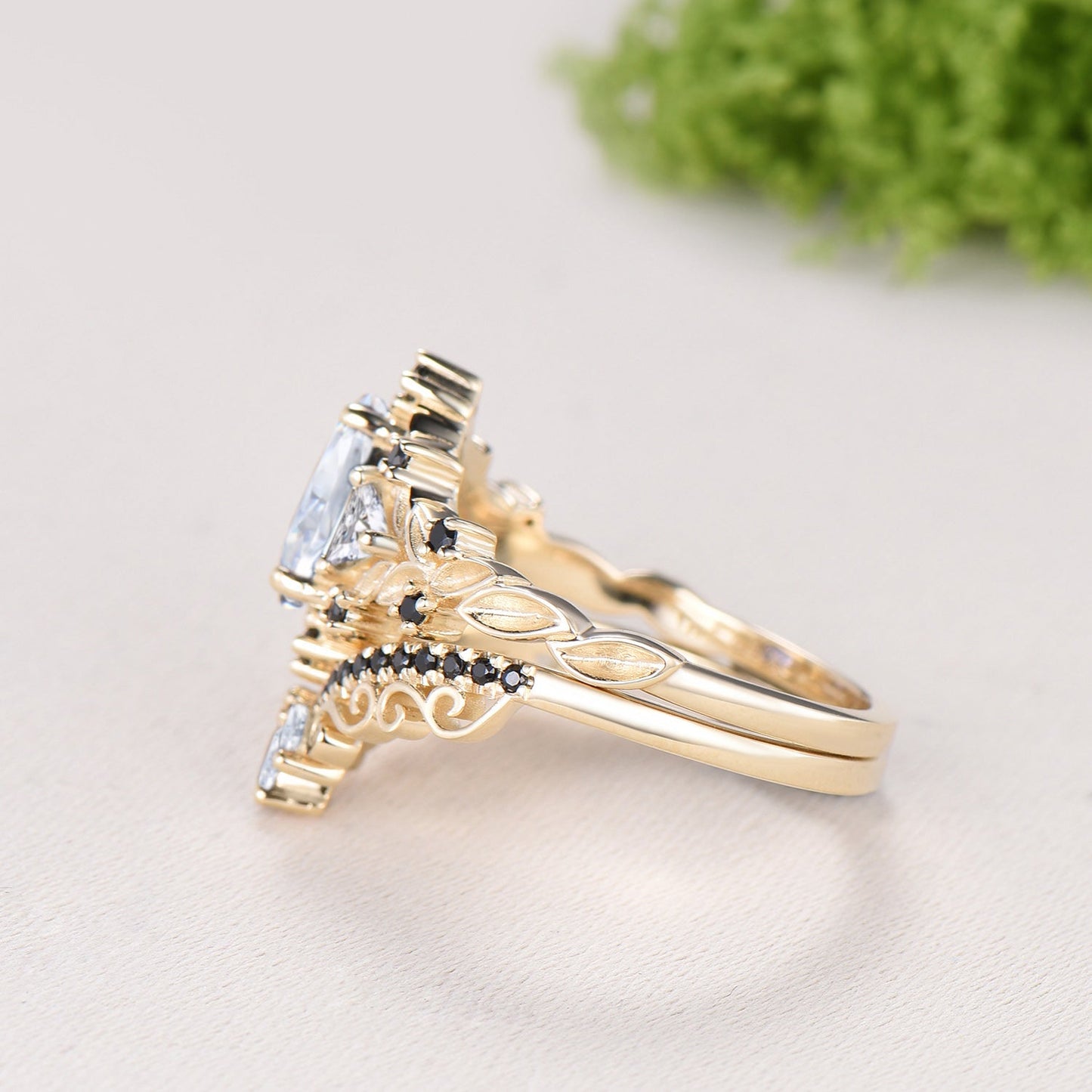 Nature Inspired Pear Shaped Moissanite Wedding Set Unique Moissanite Engagement Ring 14K Yellow Gold Leaf Vine Black Spinel Stacking Band