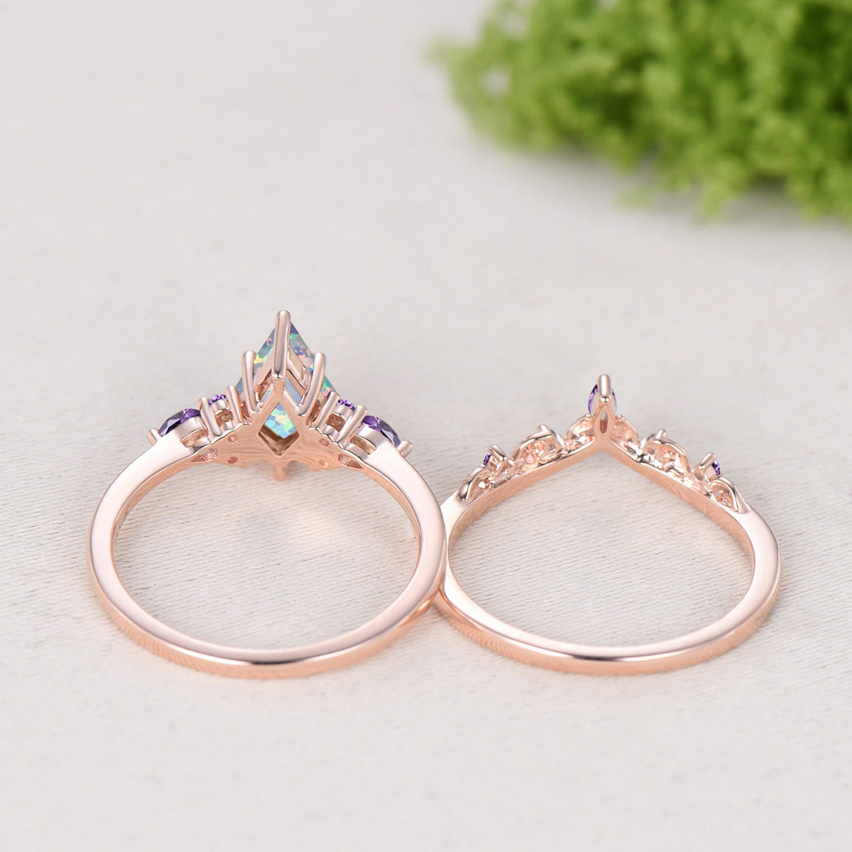 Kite Cut White Opal 7 Stone Engagement Ring Amethyst Rose Gold Bridal Set