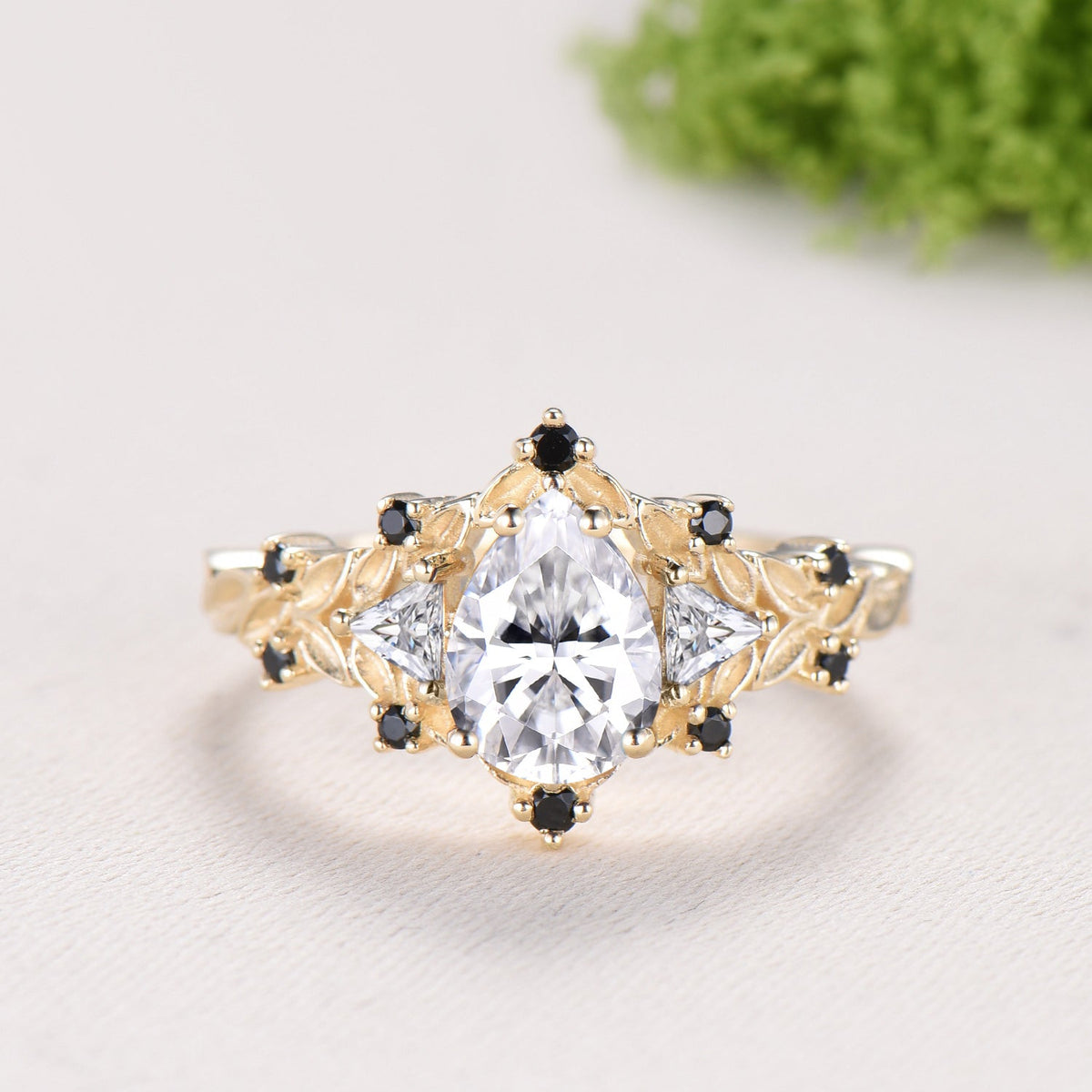 Nature Inspired Pear Shaped Moissanite Wedding Set Unique Moissanite Engagement Ring 14K Yellow Gold Leaf Vine Black Spinel Stacking Band