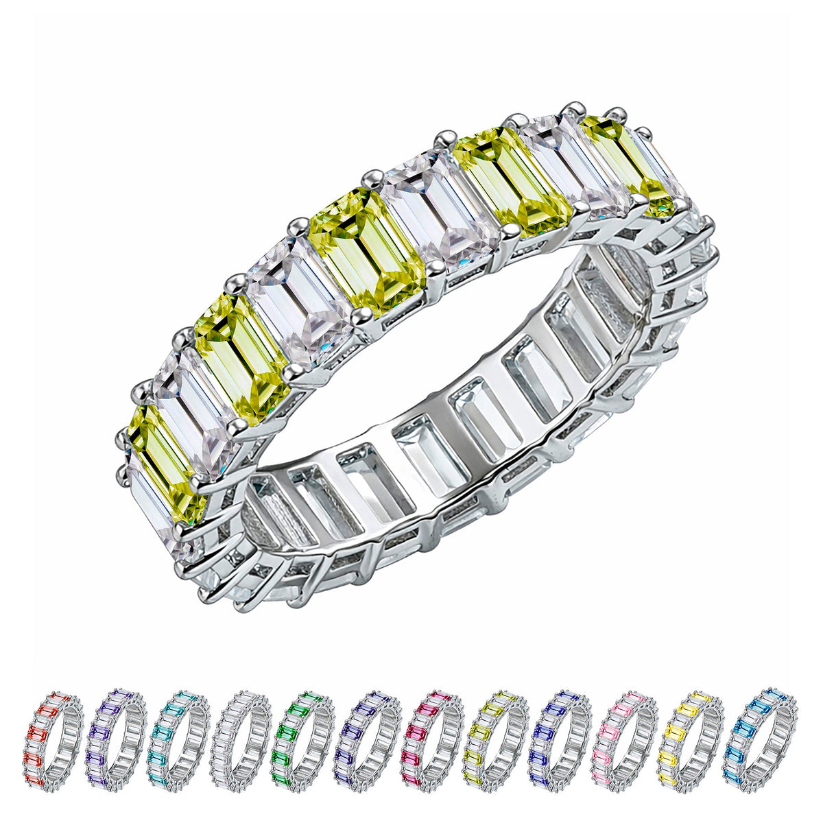 10 Carat Emerald Cut Birthstone - Multicolor Eternity Wedding Band