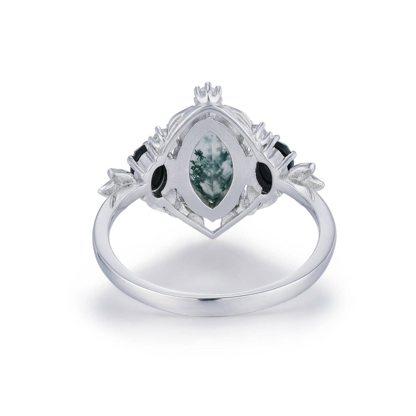 Noctis Moss Agate Black Onyx Ring©: White Gold Vermeil size T1/2