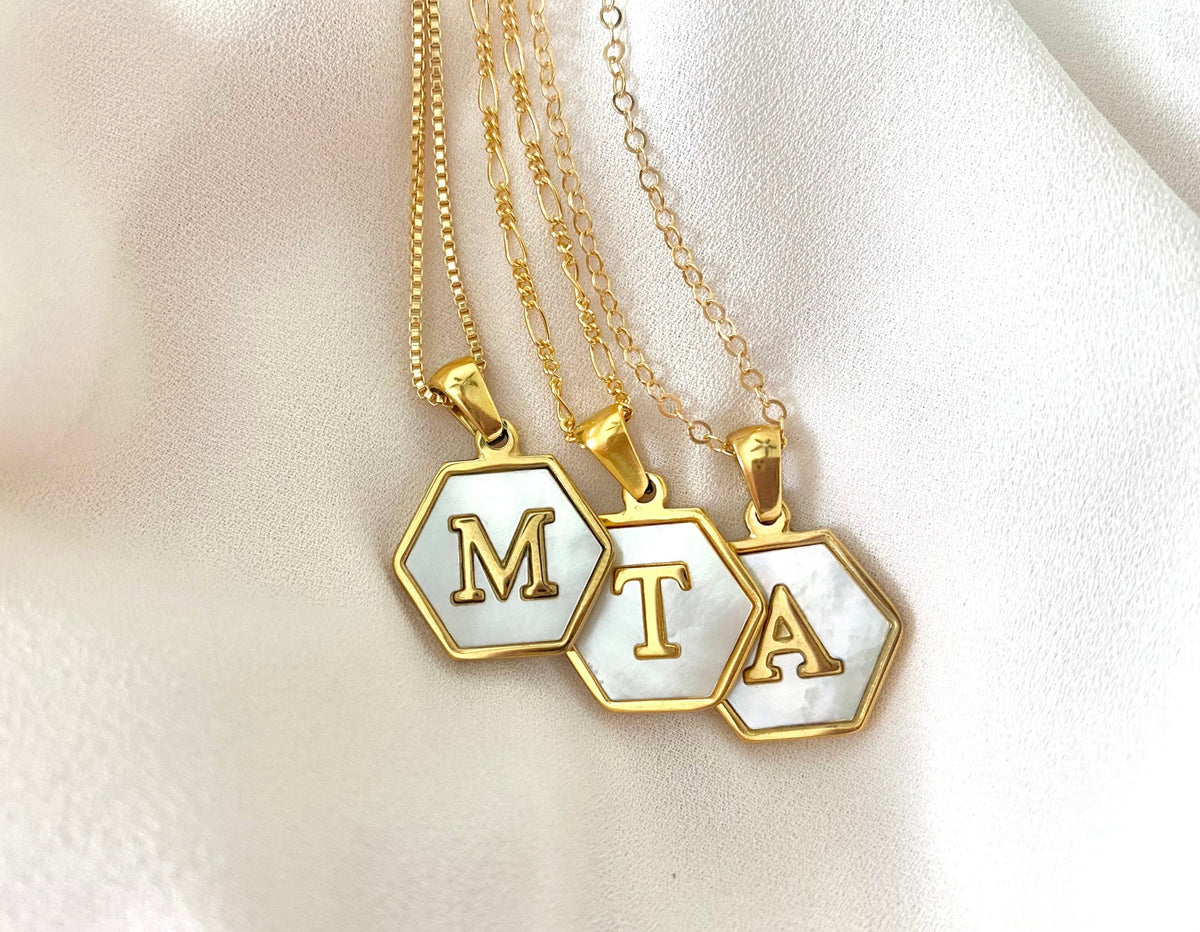 Gold Hexagon Mother of Pearl Letter Pendant Necklace - Gold Filled Chain