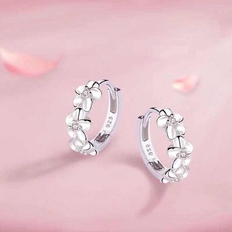Dainty Camellia Flower Huggie Earring in 925 Sterling Silver: Silver