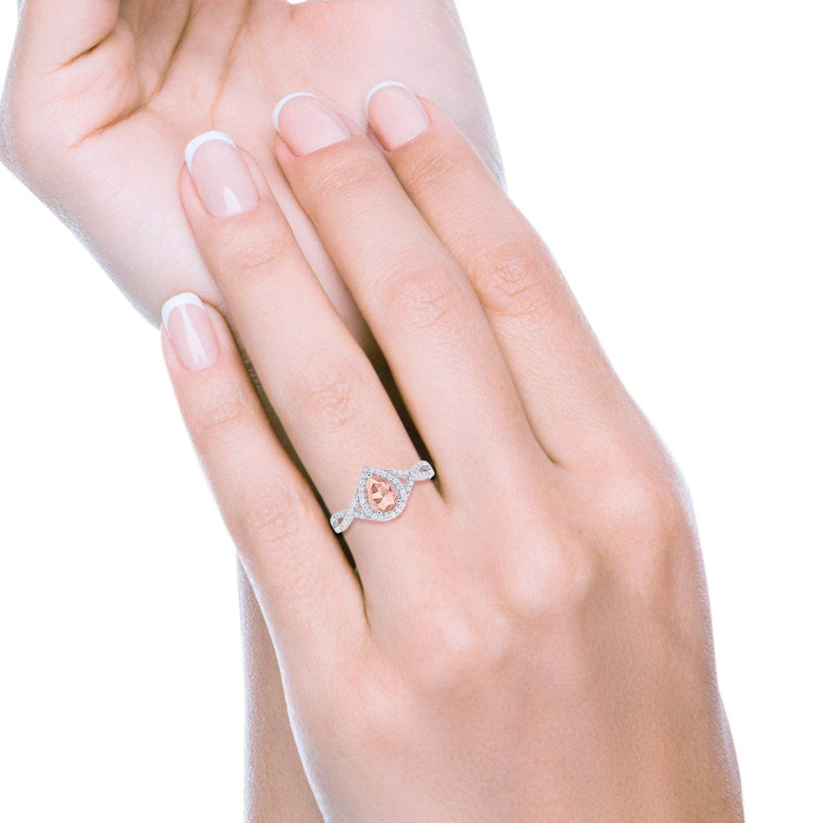 Teardrop Wedding Promise Ring Infinity Round Simulated Morganite CZ: Simulated Morganite CZ size p