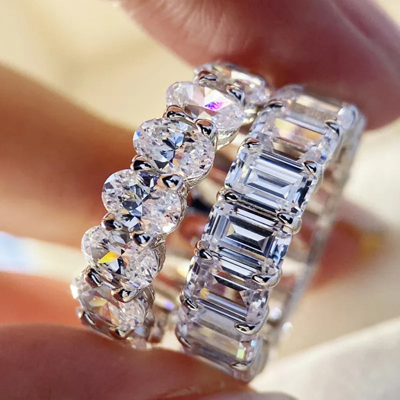Charming 925 Sterling Silver Oval Cut & Emerald Cut Wedding Ring Set