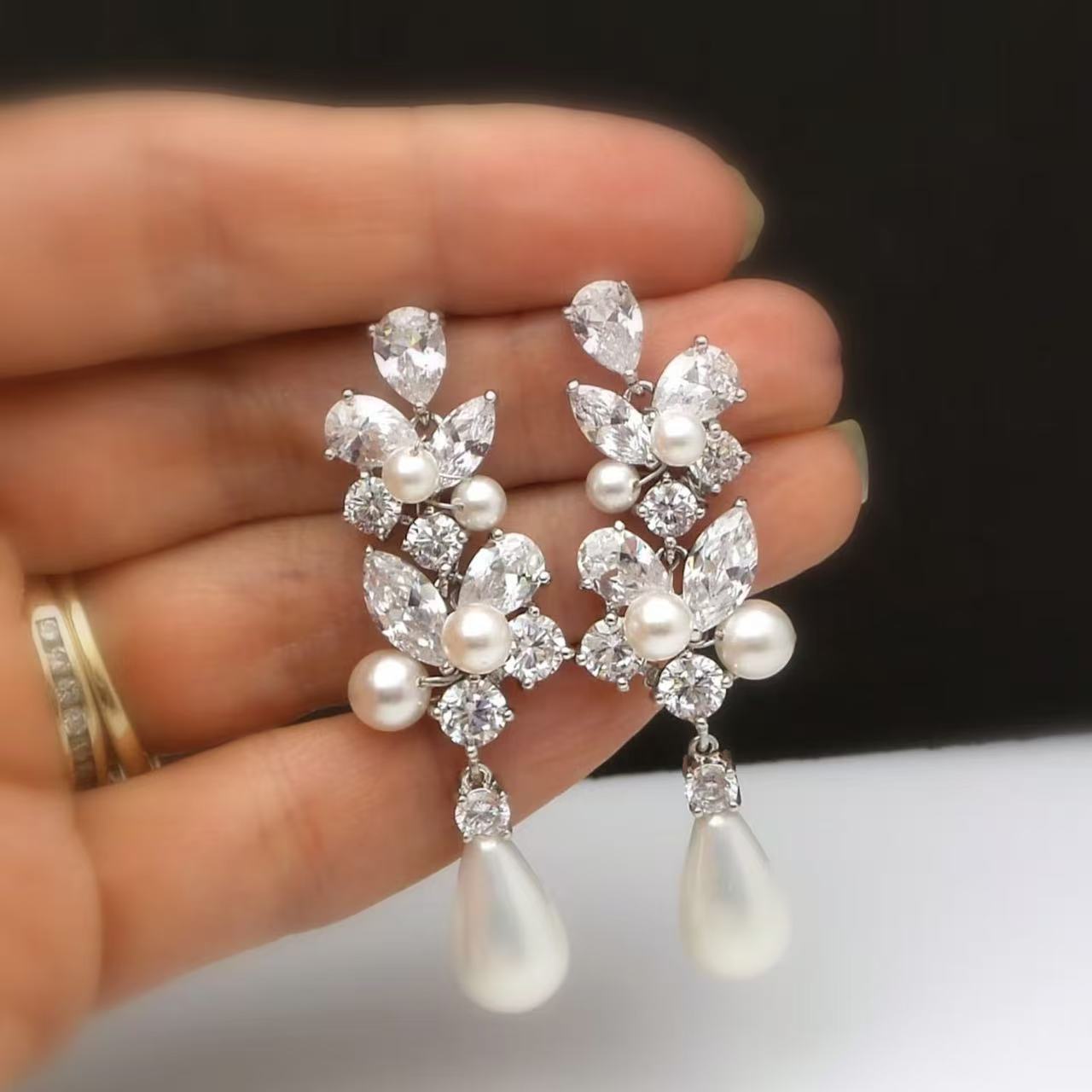 Moissanite & Natural Pearl Teardrop Dangle Bridal Wedding Earrings-Nivea