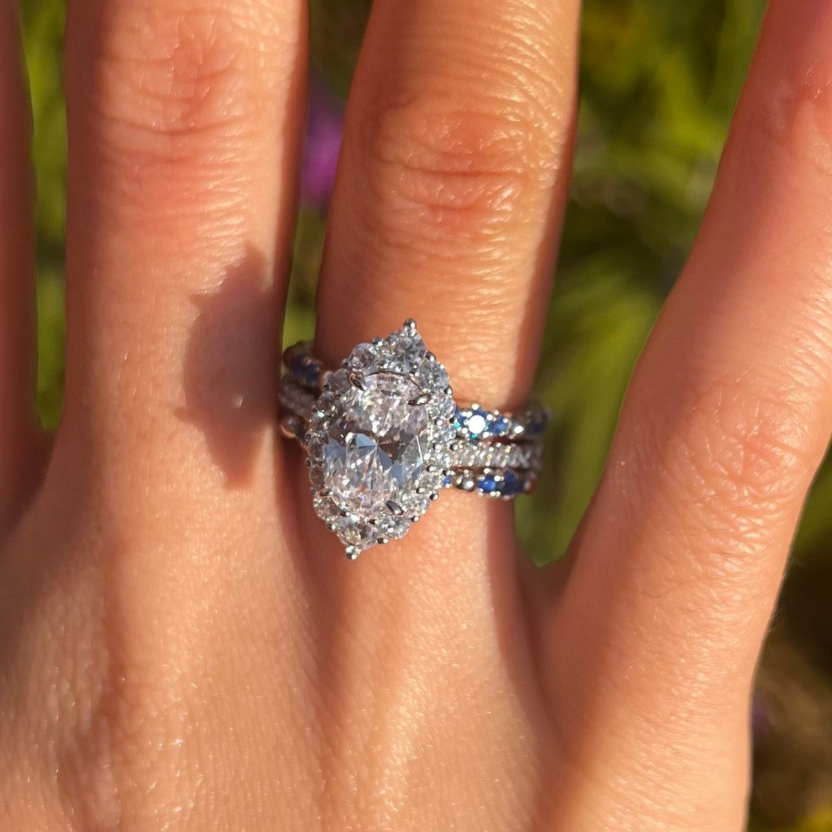 Exquisite 3 Pcs Oval Cut Halo Sterling Silver Bridal Set