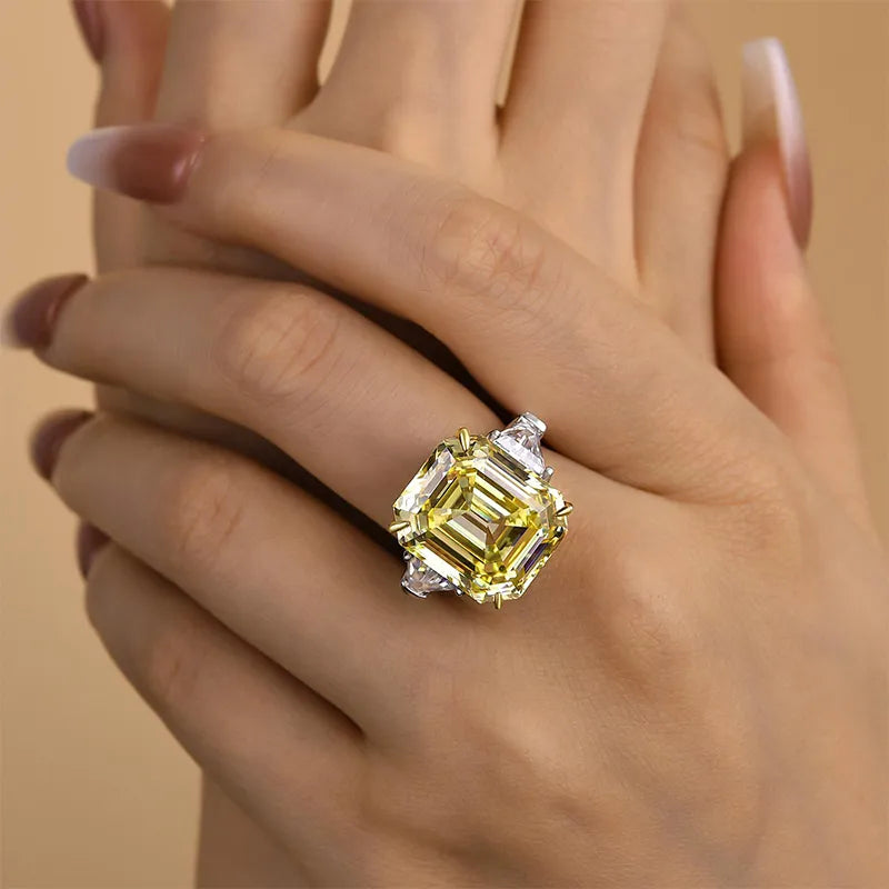 Deluxe Assher Cut 12.0ct Yellow Stone Three Stone Engagement Ring In Sterling Silver