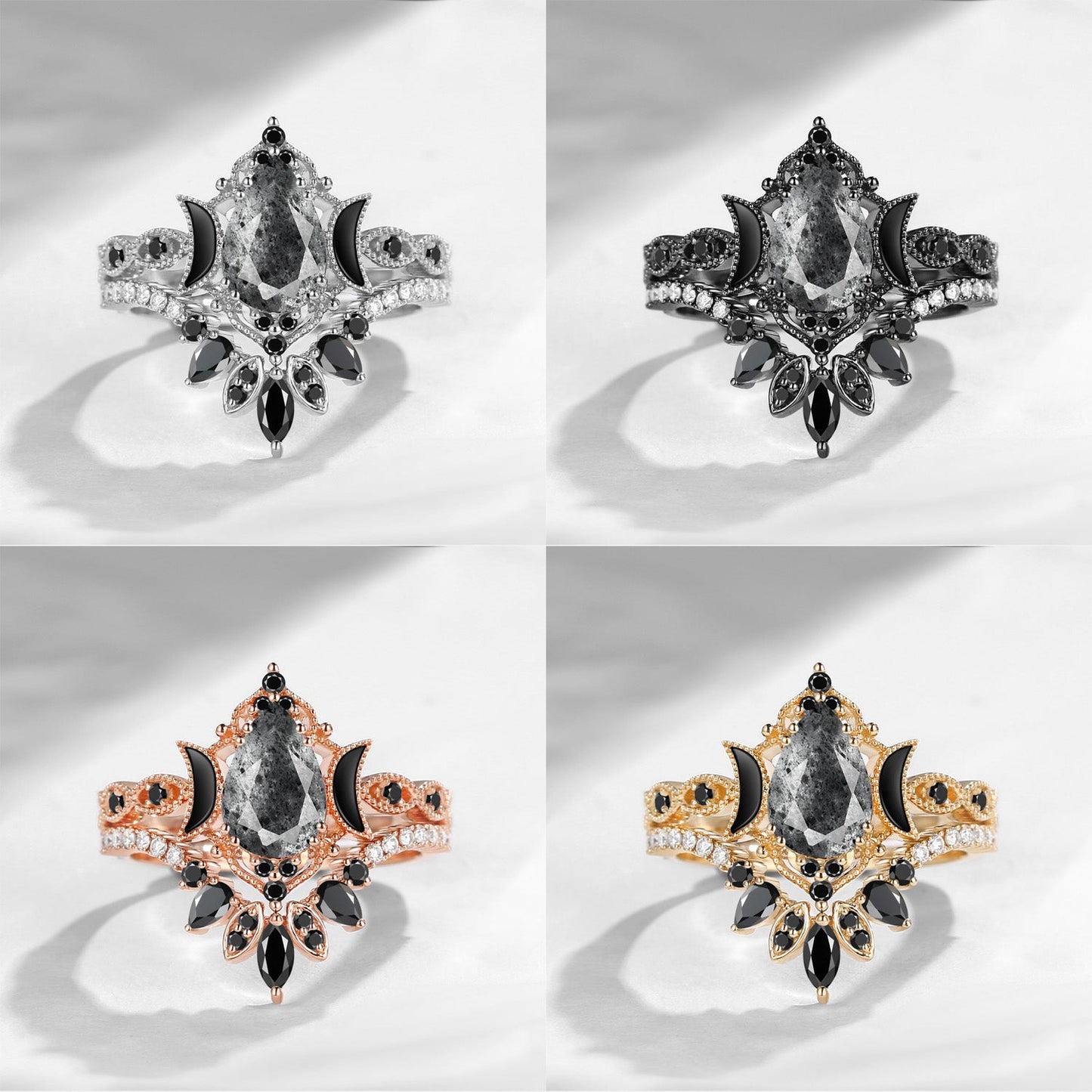 Crescent Moon | Pear Cut Herkimer Diamond 'Ultra Galaxy' Engagement Ring Set 2pcs