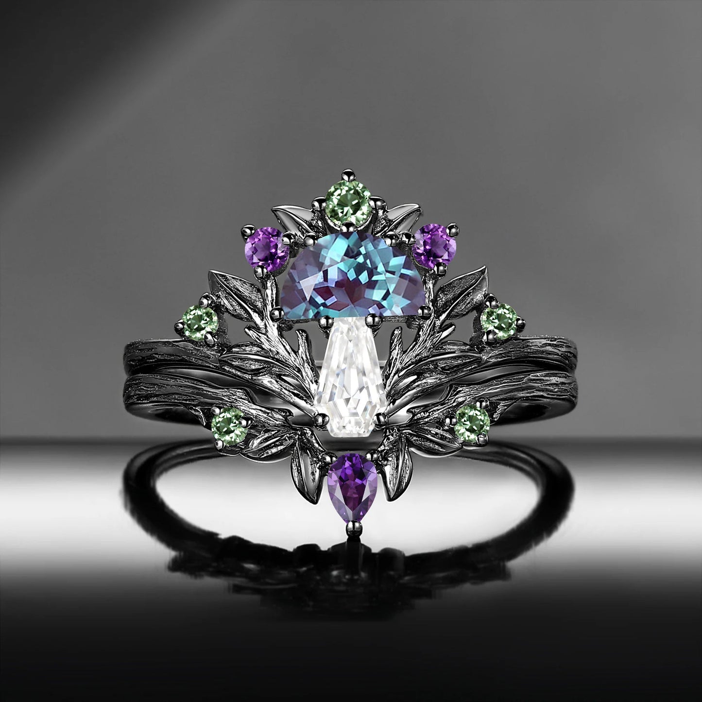 Tree of Life – Nature Inspired Half Moon Alexandrite & Coffin Moissanite Mushroom Engagement Ring Set with Bark Textured Band