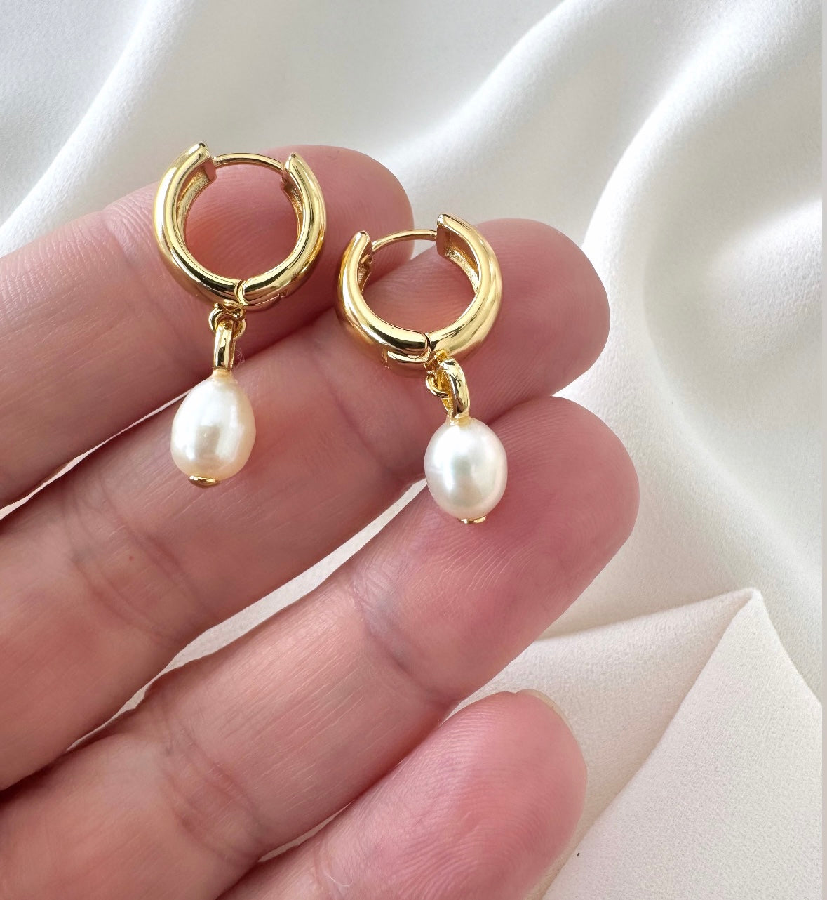 Chunky Gold Filled Hoop Huggies with Pearl Dangle Drops - June Birthstone