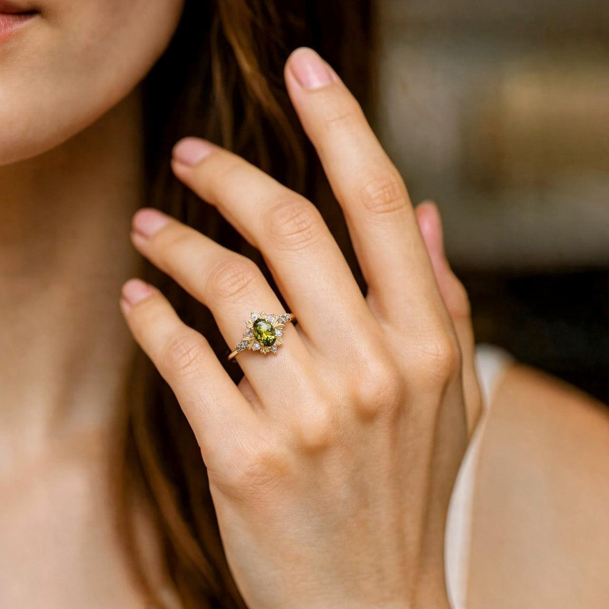 Rosalind’s Amber | 1CT Oval Cut Olive Yellow Sapphire Halo Engagement Ring