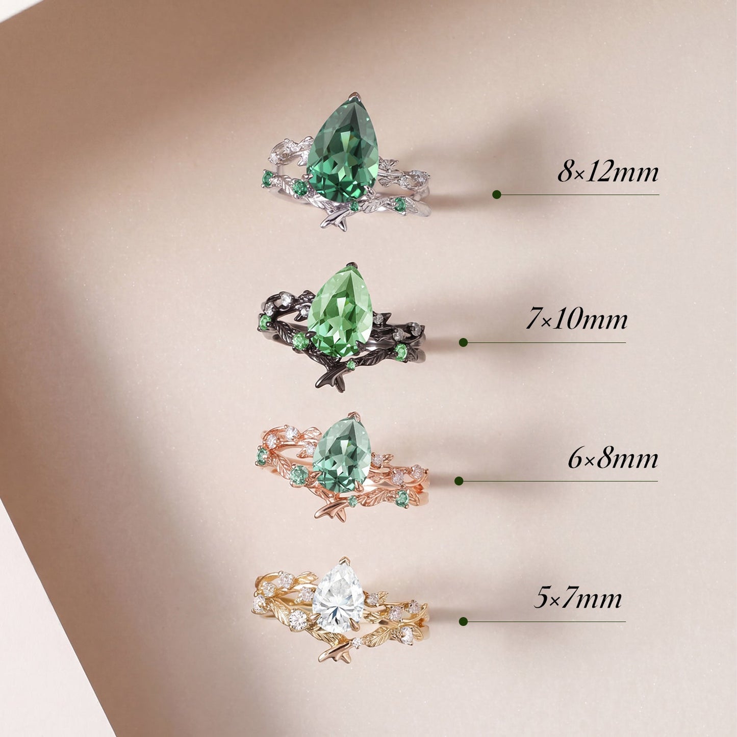 Pear Cut Lab Green Sapphire Leaf Vintage Engagement Ring Sets - Flora