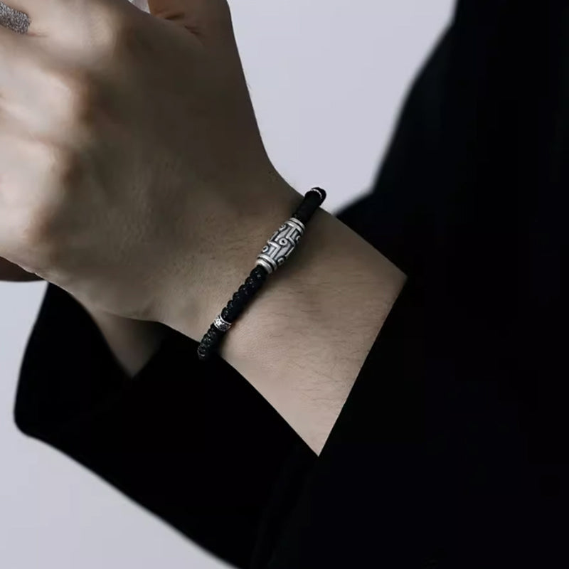 Fortune Jewel 999 Sterling Silver Nine-Eye Dzi Bead Pattern Blessing Rope Bracelet