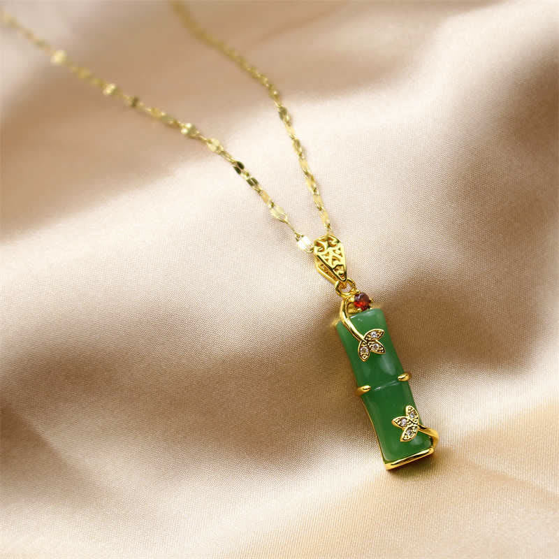 Fortune Jewel White Jade Cyan Jade Bamboo Luck Protection Necklace Pendant