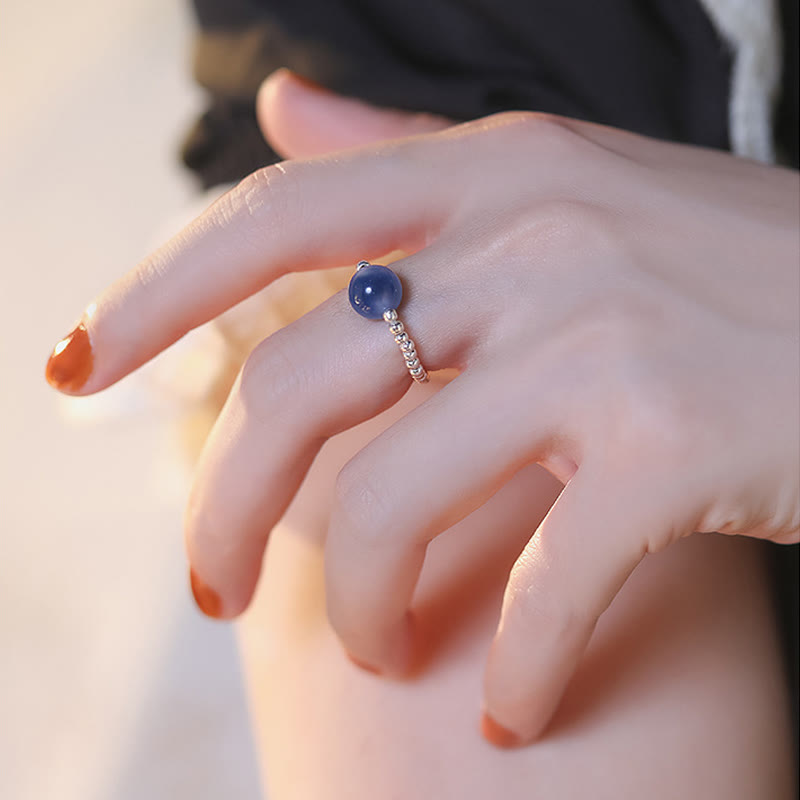Fortune Jewel 925 Sterling Silver Blue Candy Agate Healing Bead Ring