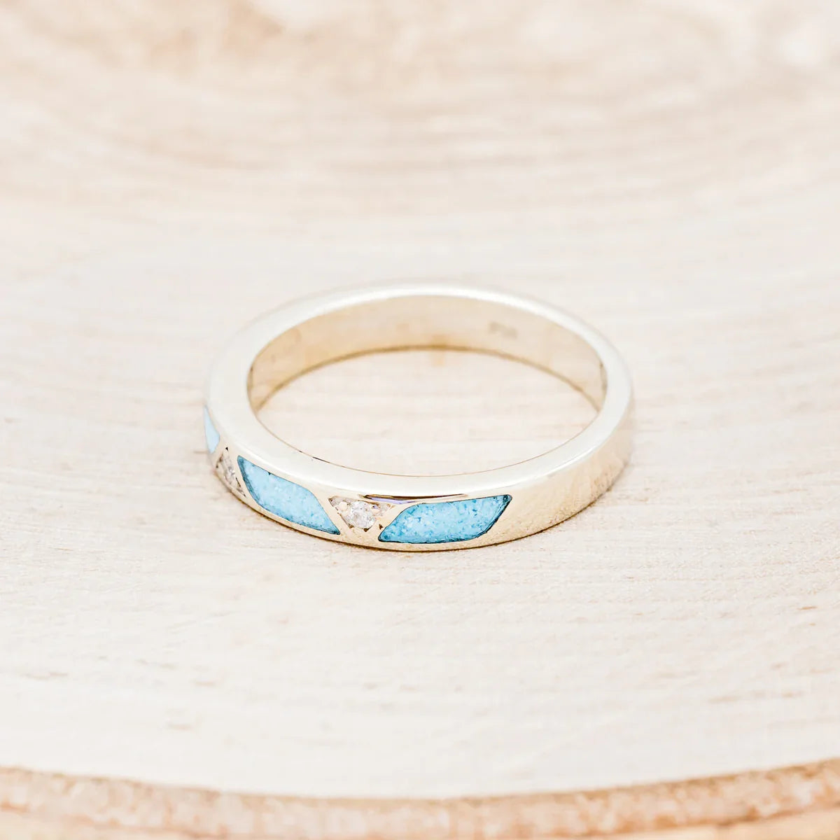 Turquoise Stacking Band With Diamond Accent - 14K White Gold - Size 8 3/4