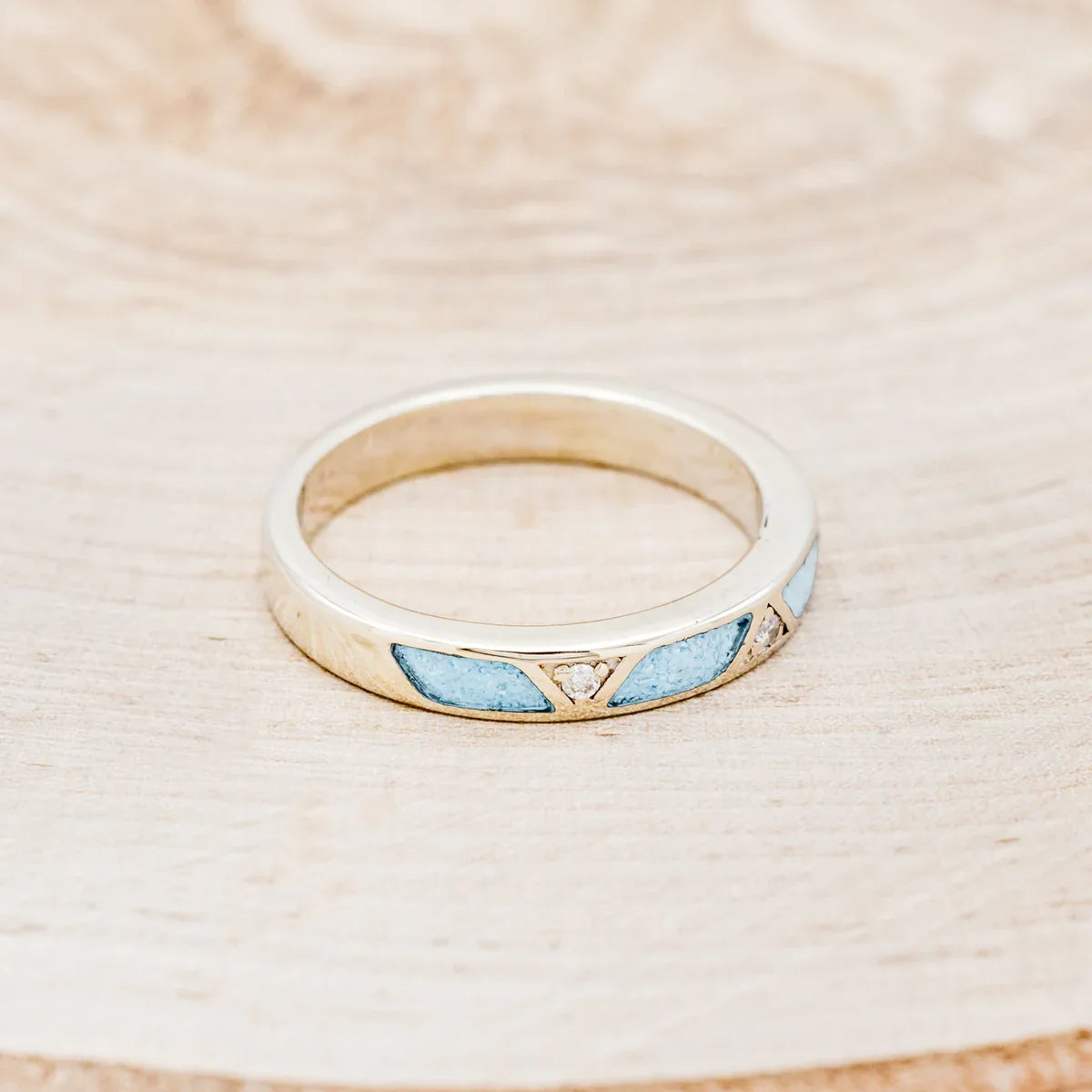 Turquoise Stacking Band With Diamond Accent - 14K White Gold - Size 8 3/4