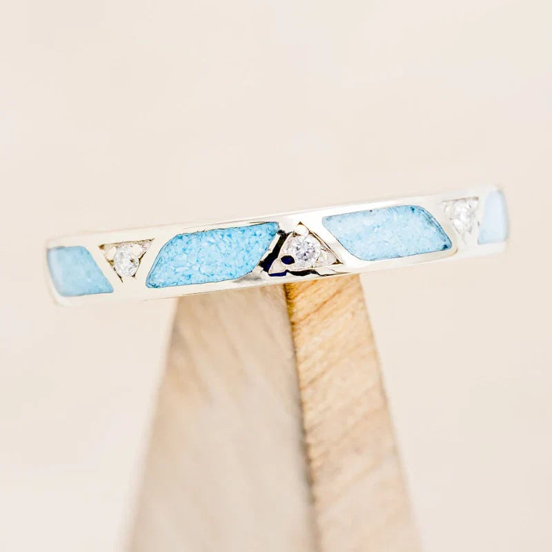 Turquoise Stacking Band With Diamond Accent - 14K White Gold - Size 8 3/4