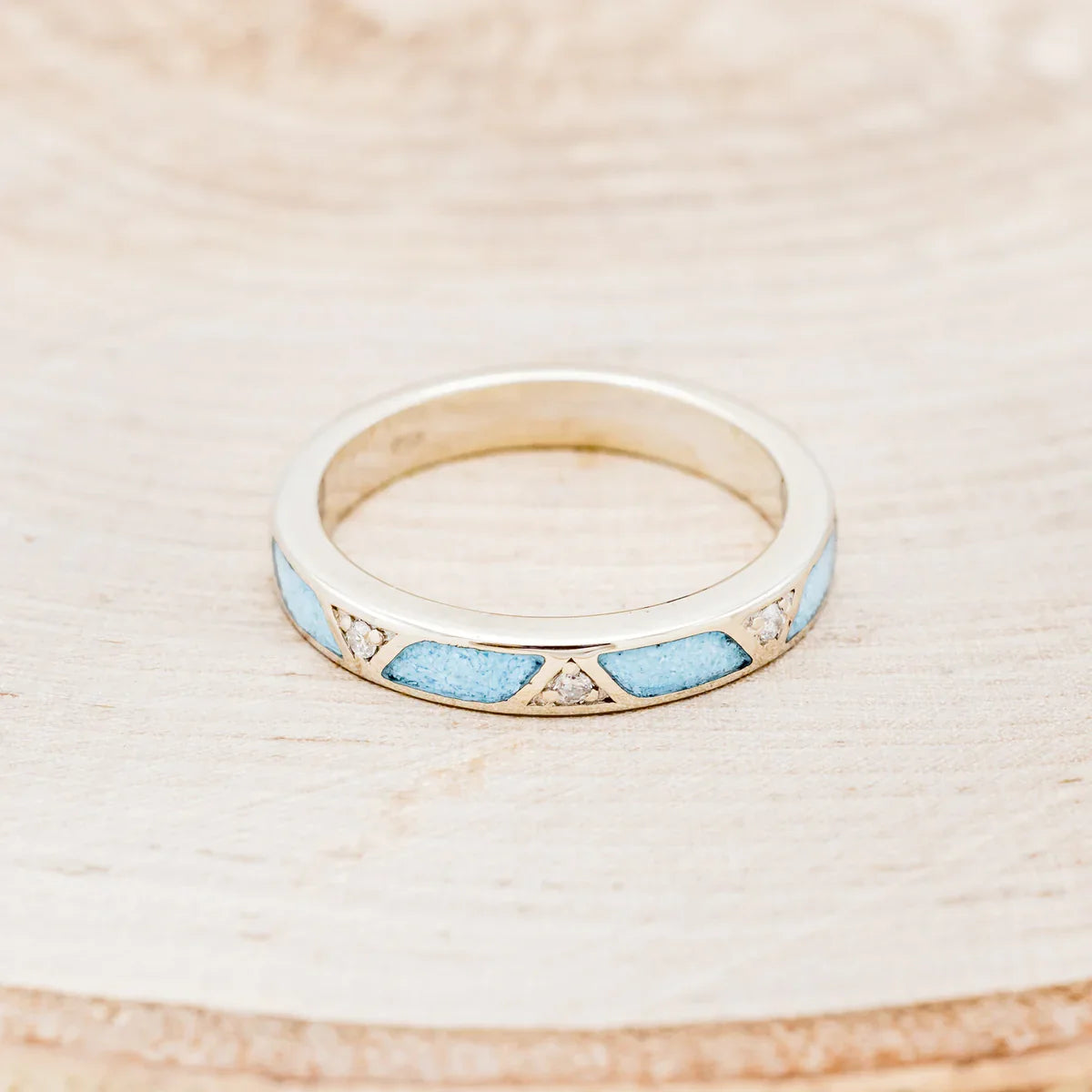 Turquoise Stacking Band With Diamond Accent - 14K White Gold - Size 8 3/4