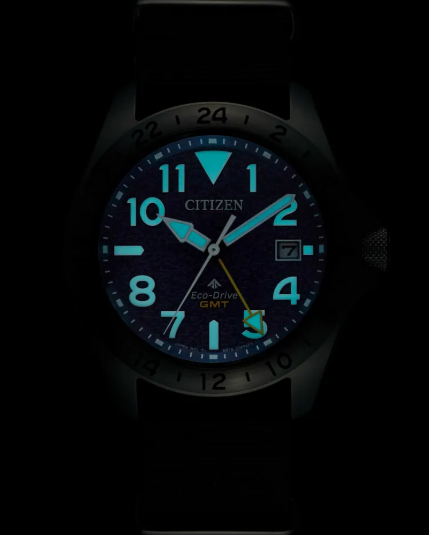 Gents Stainless Steel Citizen Eco-Drive "Promaster Land GMT" with Textured Blue Dial