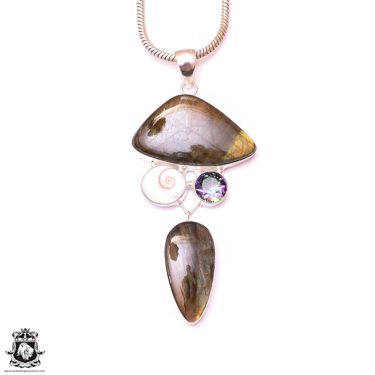 Red Labradorite Spectrolite Shiva Shell Pendant & 3MM Italian Chain P9918