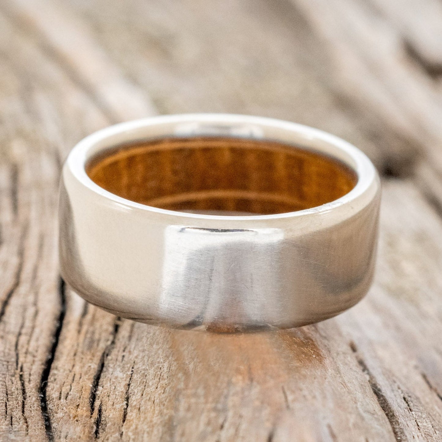 "Hyperion" - Whiskey Barrel Lined Wedding Band With Custom Finish