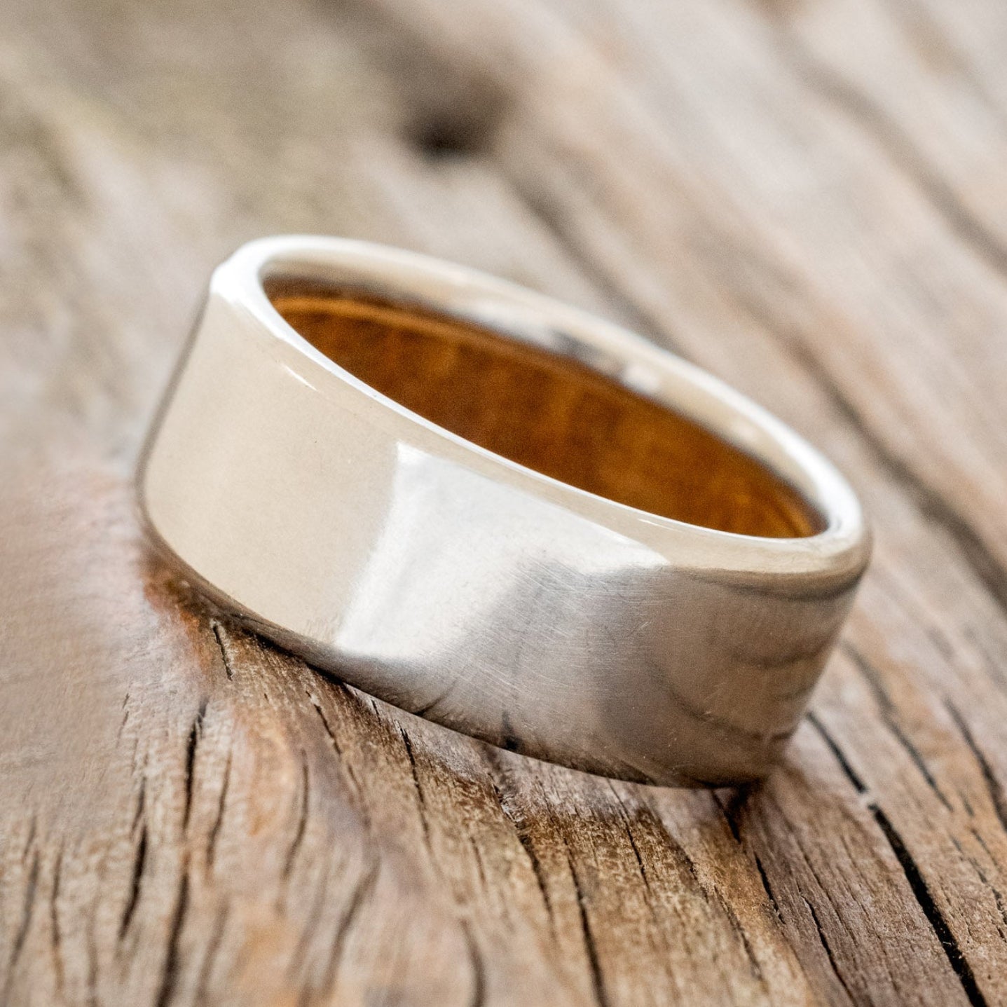 "Hyperion" - Whiskey Barrel Lined Wedding Band With Custom Finish