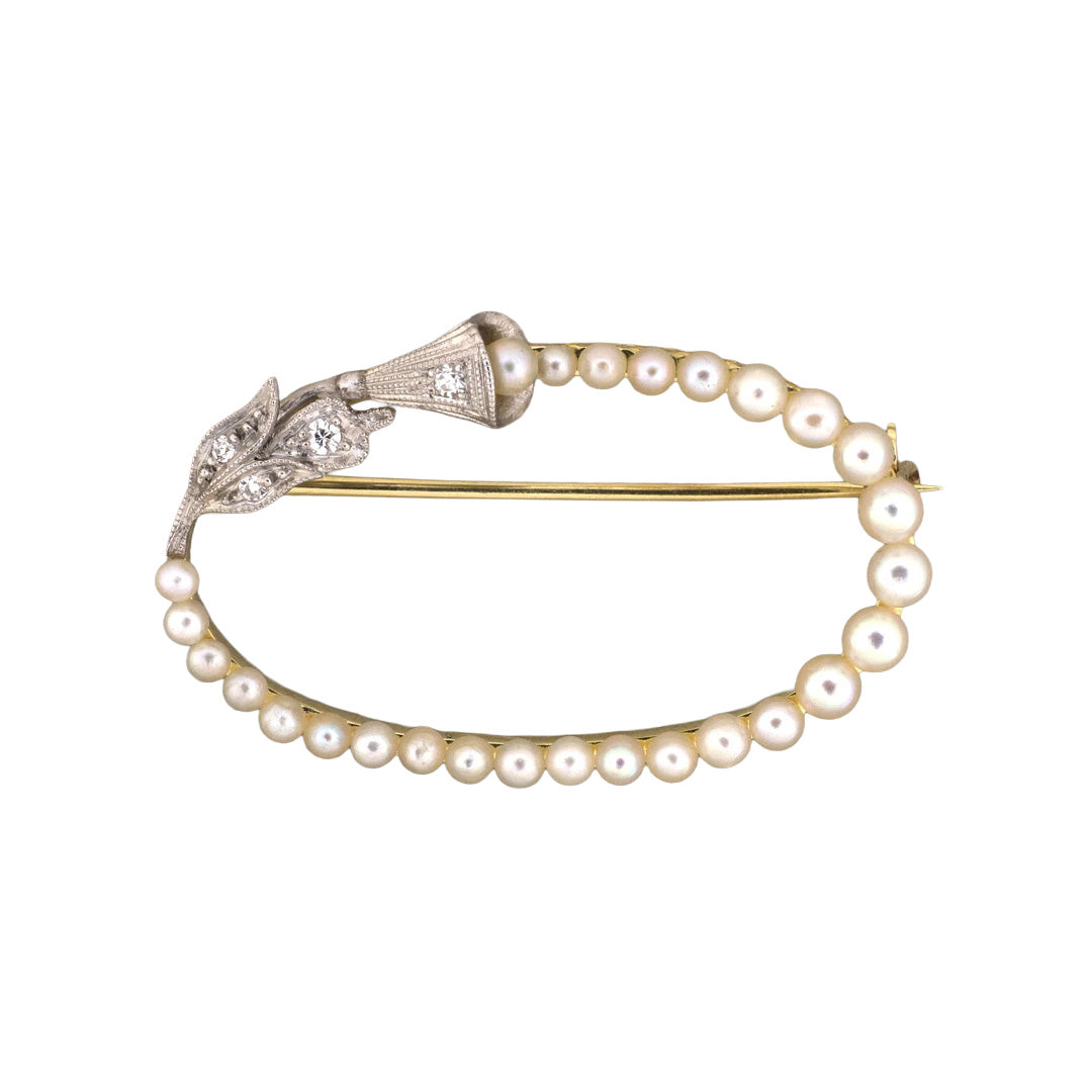 Art Nouveau-Edwardian Pearl & Diamond Floral Oval Pin