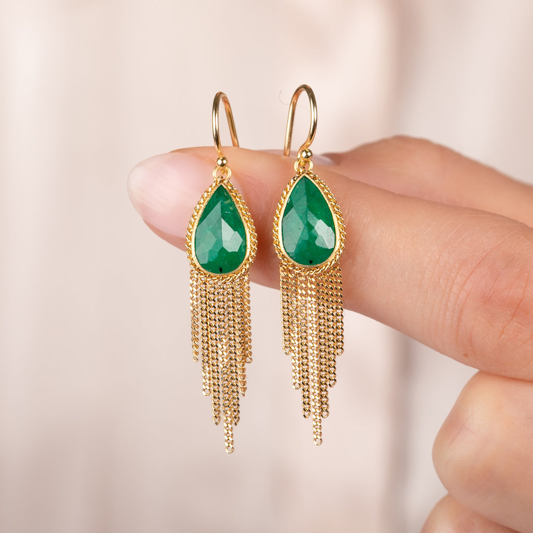 Emerald Teardrop Tassel Earrings