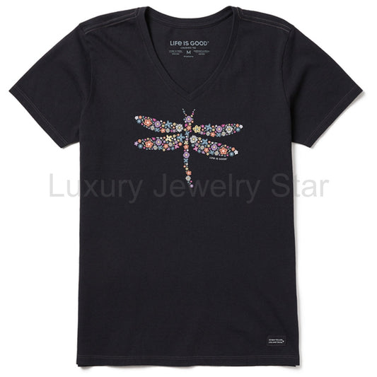 Women's Dragonfly Flowers Short Sleeve Vee - 129185