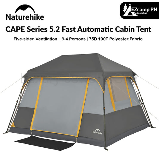 Naturehike CAPE Series 5.2 Fast Automatic Cabin Tent for up to 4 Person Outdoor Camping Quick Build