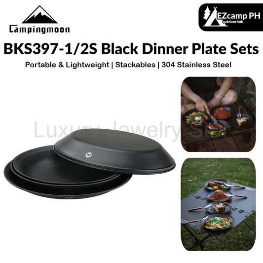 Campingmoon BKS397-1/2S Black Dinner Plate Sets Large 4/8pcs Sets Stainless Steel Outdoor Camping