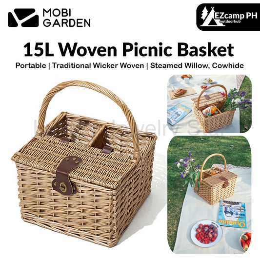 Mobi Garden 15L Woven Picnic Basket Portable Lightweight Wicker Storage Box Outdoor Camping Rattan