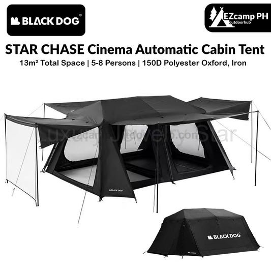BLACKDOG STAR CHASE Cinema Automatic Cabin Tent Black Fast Build Tent Large 13m² Space for 5-8