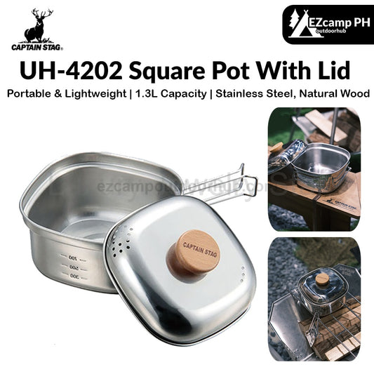CAPTAIN STAG UH-4202 Square Pot With Lid Portable Foldable Lightweight 1.3L Stainless Steel Outdoor