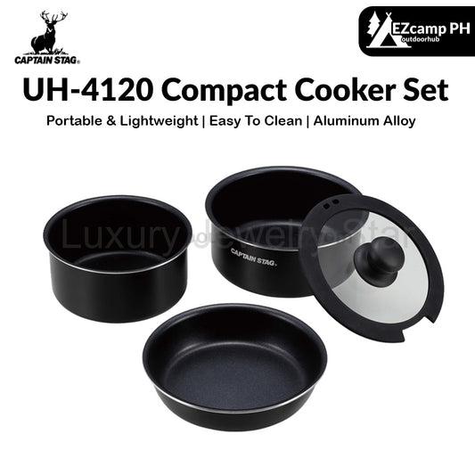 CAPTAIN STAG UH-4120 Compact Cooker Set Portable Black Multi-Functional Cookware With Cover Handle