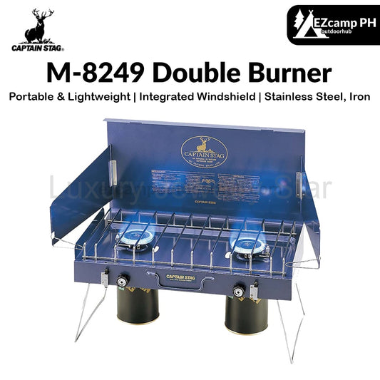 CAPTAIN STAG M-8249 Double Burner Gas Butane Stove Folding Outdoor Camping Integrated Windshield For
