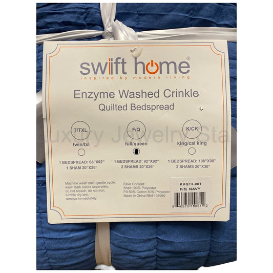 Swift Home Crinkle Enzyme Wash Crinkle Quilted Bedspread Set, Full/Queen, Navy - image 2