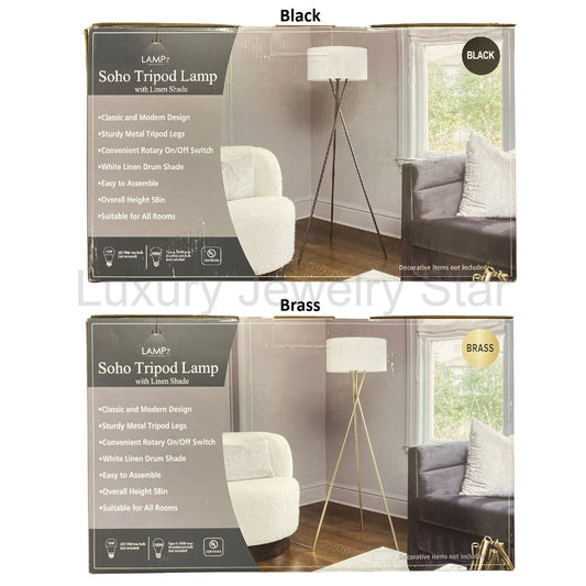 LAMPz Soho Tripod Floor Lamp with White Linen Shade, 58"