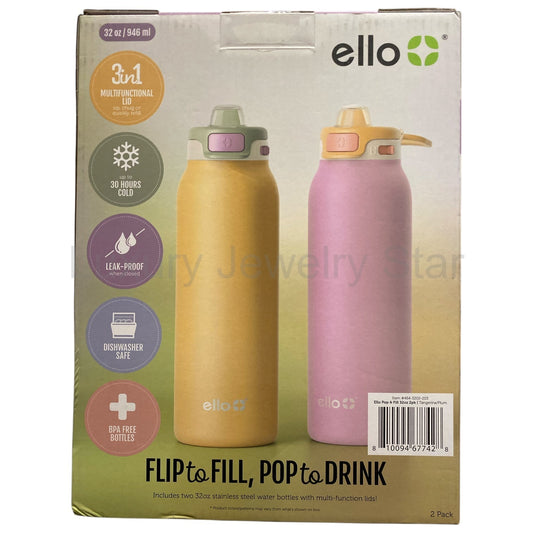 ello Pop & Fill 32oz Stainless Steel Water Bottle, 2pk, Tangerine/Plum - image 2