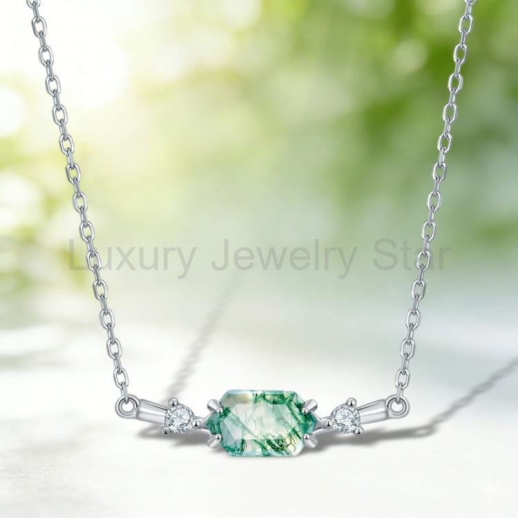 Horizontal green hexagon centerpiece with clear side accents and a silver-tone chain against a